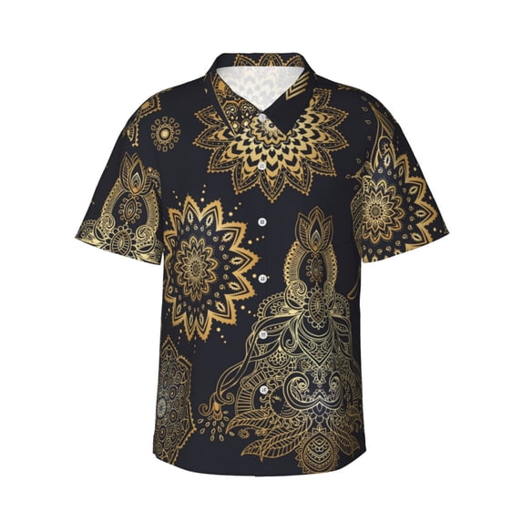 Mandaraji And Elephant Head Hawaiian Shirts For Men, Summer Short-Sleeve Relaxed-Fit Button-Down Shirts Large