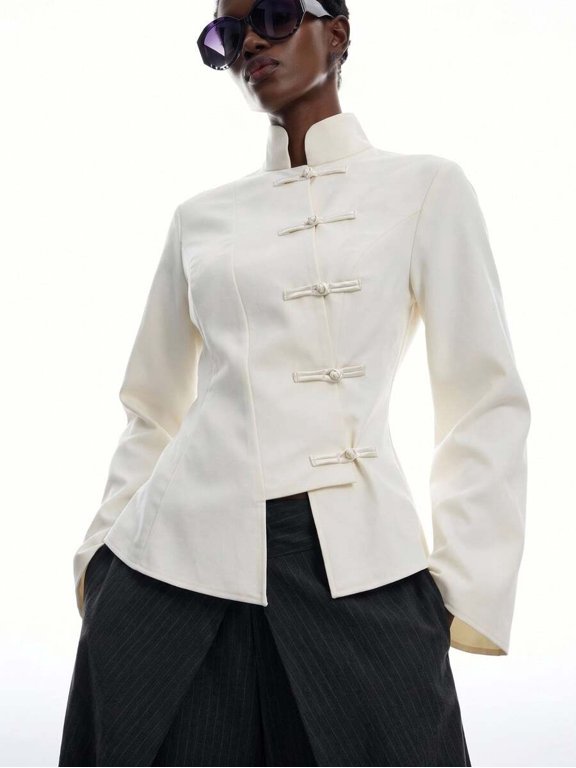 Mandarin Collar Frog Button Long Sleeve Side Split Blouse Casual Office Commuter Daily Wear Autumn Layering Shirt Top