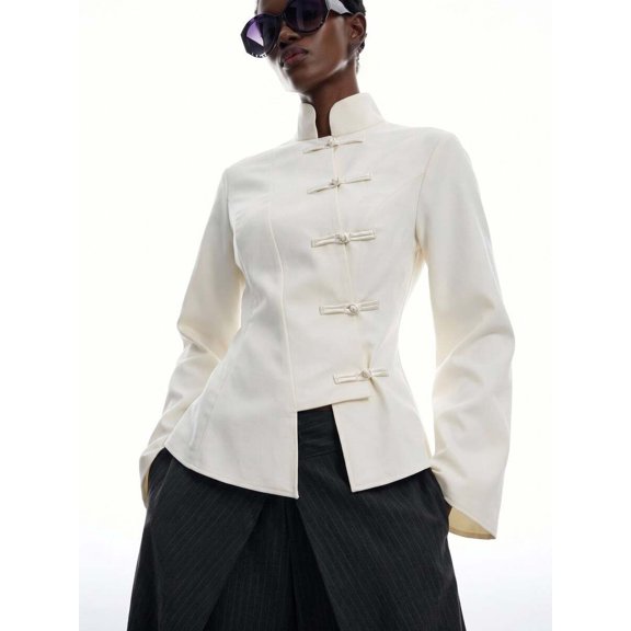 Mandarin Collar Frog Button Long Sleeve Side Split Blouse Casual Office Commuter Daily Wear Autumn Layering Shirt Top