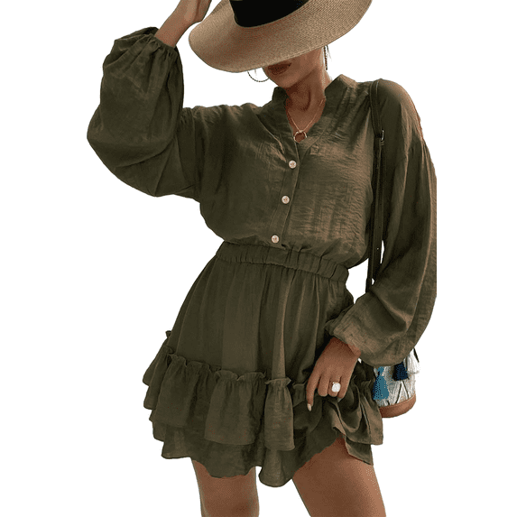 Mandarin Collar Tiered Ruffle Dress for Women Above Knee Length Olive Green Small