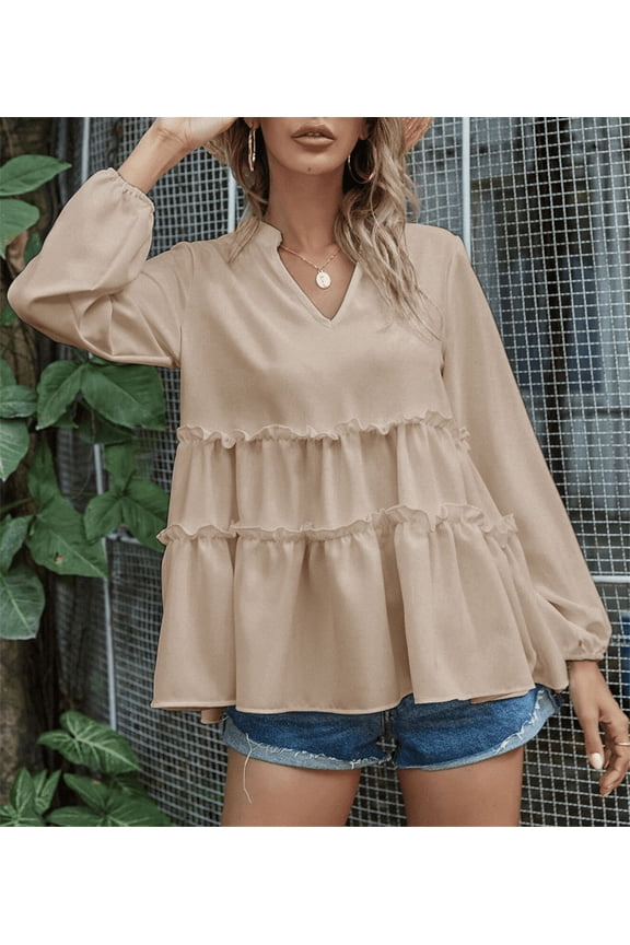 Mandarin Collar V Neck Bishop Sleeve Ruffle Hem Blouse for Women