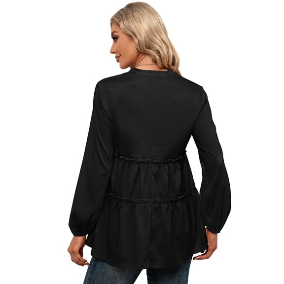 Mandarin Collar V Neck Bishop Sleeve Ruffle Hem Blouse for Women