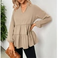 thumbnail image 1 of Mandarin Collar V Neck Bishop Sleeve Ruffle Hem Blouse for Women, 1 of 2