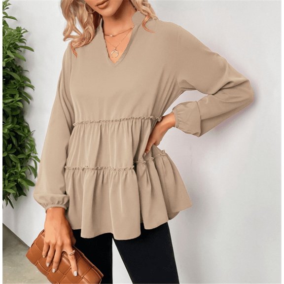 Mandarin Collar V Neck Bishop Sleeve Ruffle Hem Blouse for Women
