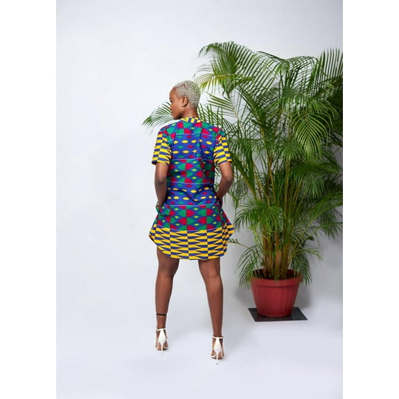 Mandarin Kente Neck Collar Shirt Dress With Side  Pockets.