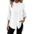 thumbnail image 1 of Mandarin Stand Collar Full Button Up Roll Tab Sleeve Chest Pocket Asymmetric High Low Hem Crinkle Cotton Linen Shirt for Women Spring Summer Casual Office Wear, 1 of 9