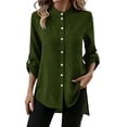 thumbnail image 1 of Mandarin Stand Collar Full Button Up Roll Tab Sleeve Chest Pocket Asymmetric High Low Hem Crinkle Cotton Linen Shirt for Women Spring Summer Casual Office Wear, 1 of 9