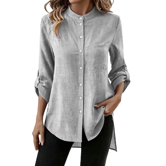 Mandarin Stand Collar Full Button Up Roll Tab Sleeve Chest Pocket Asymmetric High Low Hem Crinkle Cotton Linen Shirt for Women Spring Summer Casual Office Wear