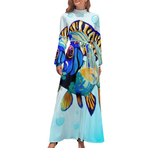Mandarinfish Art Print Women's Long Dress Long Sleeves Dress Vintage Dresses Party Maxi Dress High Waist Dress