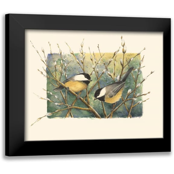 Mandel, Janet 14x12 Black Modern Framed Museum Art Print Titled - Chickadees and Pussy Willow