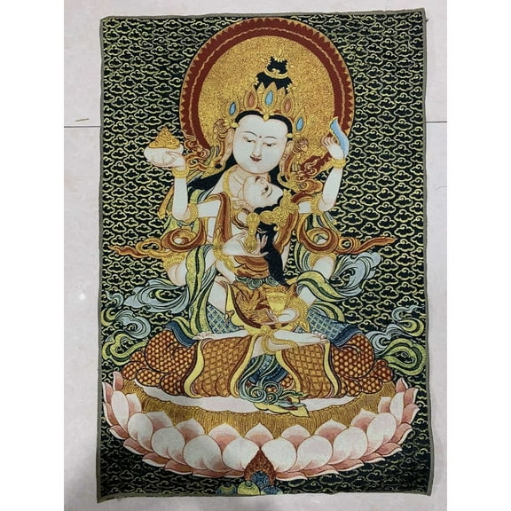 Mandkesvara Happy Buddha TangkaThangka Mural 36"Tibet Tibetan Cloth Silk Yab-Yum