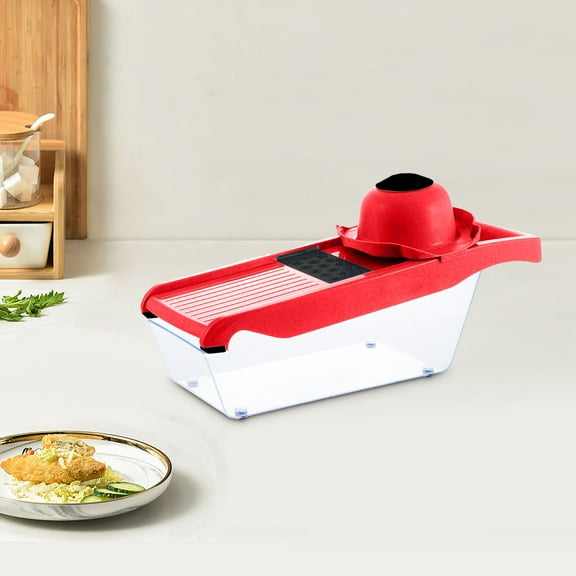 Mandolin Slicer with Handheld Spiralizer, Multifunctional Vegetable Shredder with Container, Veggie Spiral Wave Cutter for Potato, Carrot, Zucchini, Kitchen Gadgets,Red
