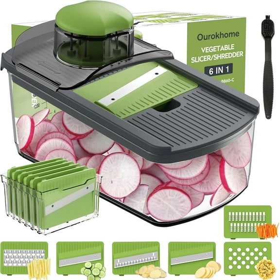 Mandolin Slicer for Kitchen Food, Hand Safe Vegetable Shredder with 6 Mandoline Blades, Veggie Waffle Cutter for Potato, Carrot, Zucchini, Onion, Essential Kitchen Gadgets (6 in 1, Gray)