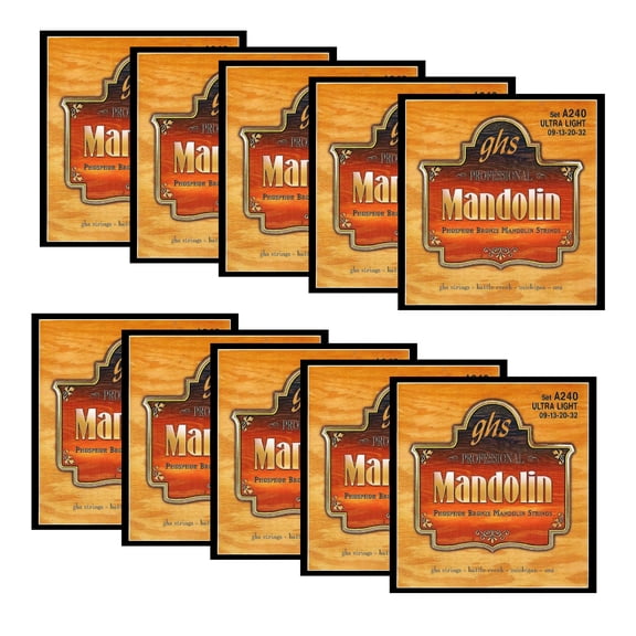 Mandolin Strings GHS A240 10 Pack Phosphor Bronze Loop End Ultra Light 009-032 Gauge for Professional Musicians