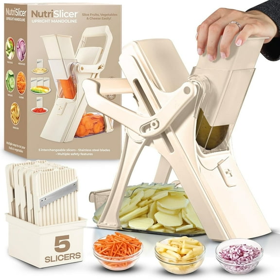 Emson Mandoline Slicer for Kitchen, All in 1 Mandolin Slicer for Food Works as Potato Slicer, Vegetable Slicer, Mandoline Food Slicer, French Fry Cutter with 5 Blades and Storage Container, Cream