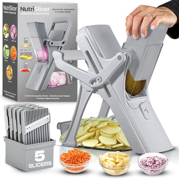 Emson Mandoline Slicer for Kitchen, All in 1 Mandolin Slicer for Food Works as Potato Slicer, Vegetable Slicer, Mandoline Food Slicer, French Fry Cutter with 5 Blades and Storage Container, Gray
