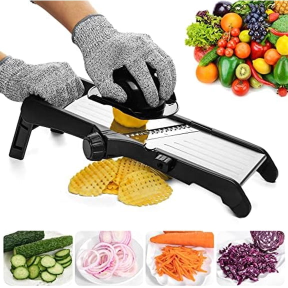 Mandoline Slicer for Kitchen, Stainless Steel Professional Vegetable Slicer with Adjustable Thickness, Ultra Sharp Blades, Safety Gloves & Food Holder, Ideal for Potatoes, Onions, Cucumbers