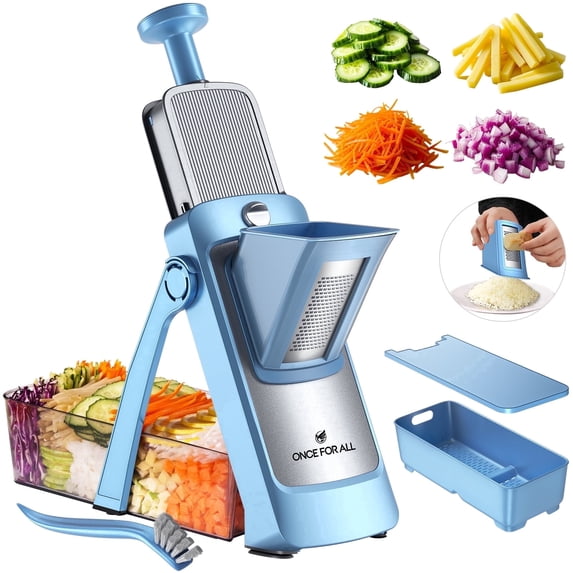 ONCE FOR ALL Mandoline Slicer Vegetable Cutter with Adjustable Thickness, 6-in-1 Food Chopper for Slice, Dice, Julienne, Strip, Shred & Grate, Kitchen Prep Tool with Food Pusher