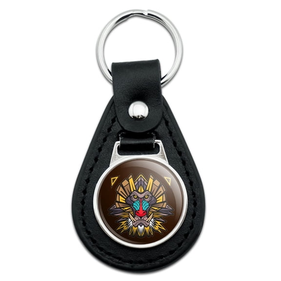 Mandrill Baboon Face Monkey Primate Black Leather Keychain