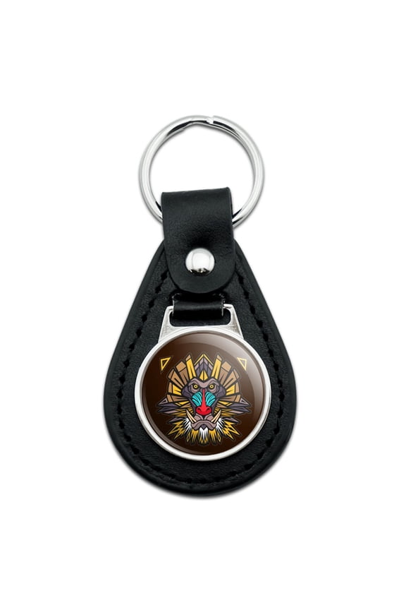 Mandrill Baboon Face Monkey Primate Black Leather Keychain