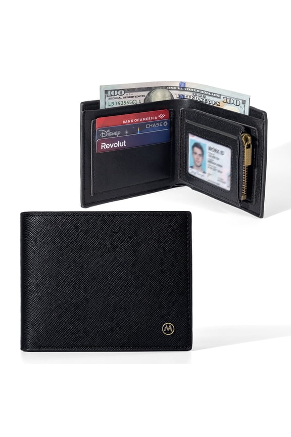Men's Bifold Wallet 9 Card Slots & 1 ID Window Zipper Coin Pocket Slim Travel Black Wallet for Men
