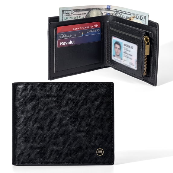 Mandu RFID Men's Bifold Wallet 9 Card Slots & 1 ID Window Zipper Coin Pocket Slim Travel Black Wallet for Men