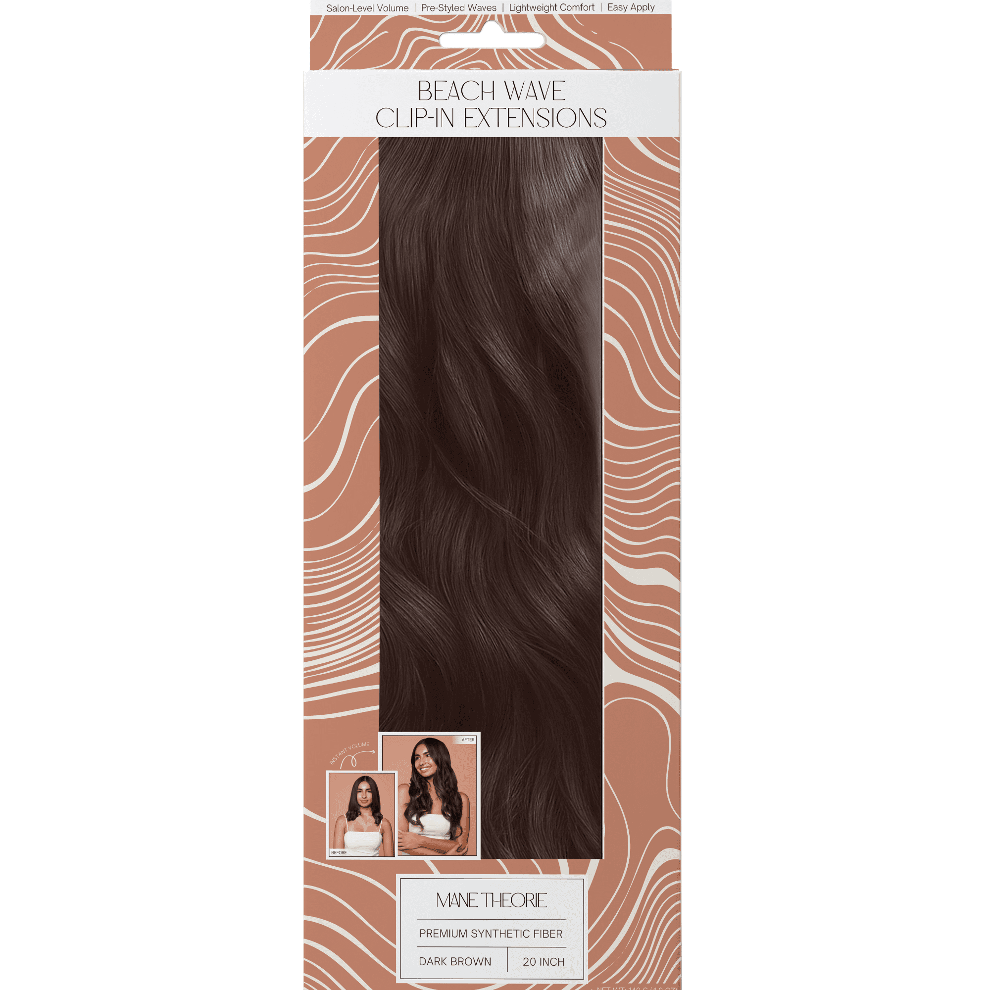 Mane Theorie Beach Wave Clip-In Hair Extensions for Women, 20 inch, dark brown