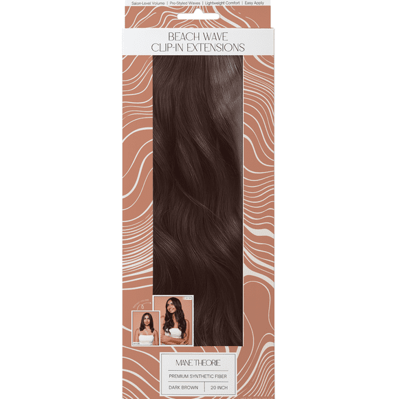 Mane Theorie Beach Wave Clip-In Hair Extensions for Women, 20 inch, dark brown