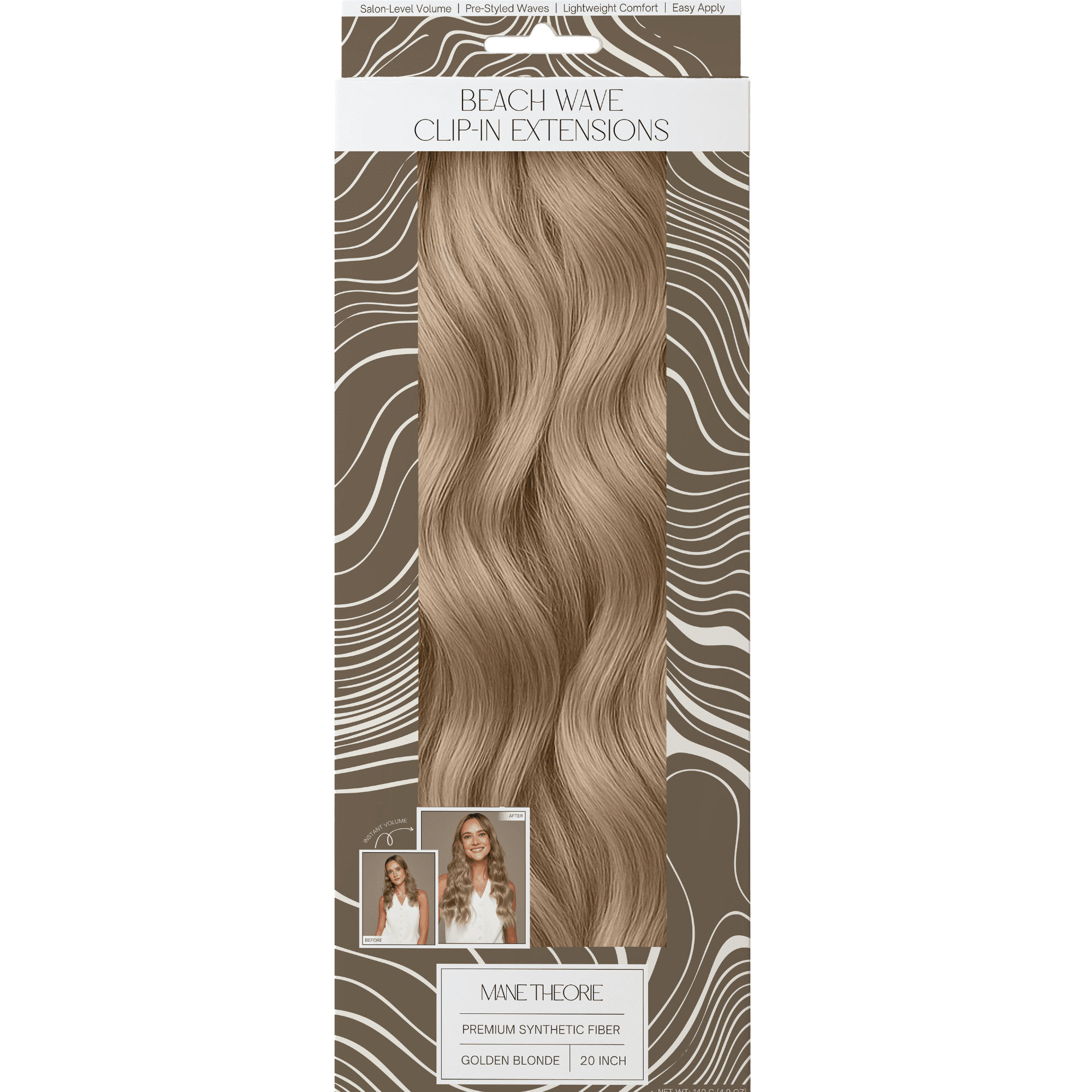 Mane Theorie Beach Wave Clip-In Hair Extensions for Women, 20 inch, golden blonde