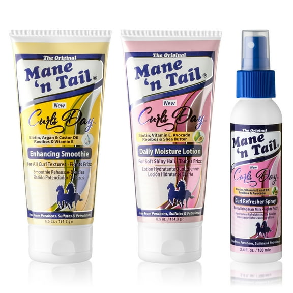 Mane 'n Tail Curls Day Care Set | Enhancing Smoothie (6.5 Oz) + Daily Moisture Cream (6.5 Oz) + Curl Refresher Spray (3.4 Oz) – Nourish, Style & Maintain Curls with Biotin, Coconut Oil & Rooibos