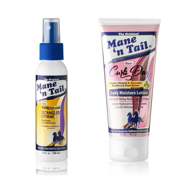 Mane 'n Tail Extreme Detangler (3.4 Oz) + Curls Day Daily Lotion (6.5 Oz) Biotin Infused Curl Defining, Tangle-Free, Strengthening Formula