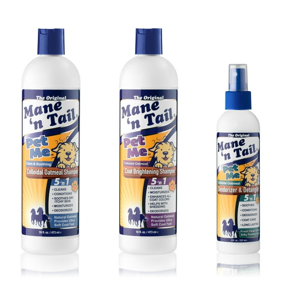 Mane 'n Tail Pet Me Colloidal Oatmeal Shampoo & Coat Brightening Shampoo & Deodorizer and Detangler with real Colloidal Oatmeal, Aloe Vera and Spirulina Pack of 3