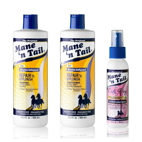 Mane 'n Tail: Repair 'n Replenish Shampoo + Conditioner (15.02 Oz Each) Sulfate Free Gentle Cleansing And Replenishing System, with Curls Refresher Spray (3.4 Oz)