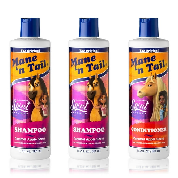 Mane 'n Tail Spirit Untamed Shampoo (2-Pack) & Conditioner (1-Pack) Caramel Apple Scented, Gentle Coconut Oil Formula for Soft, Silky Hair (11.02 oz Each)