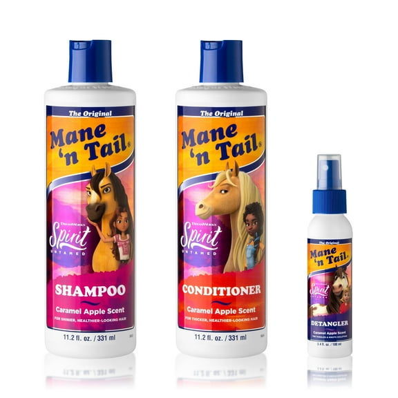 Mane 'n Tail Spirit Untamed Shampoo, Conditioner & Detangler Set  Caramel Apple Scented, Gentle Coconut Oil Formula for Kids, Soft, Silky Hair (Shampoo & Conditioner 11.02 oz Each, Detangler 3.4 oz)
