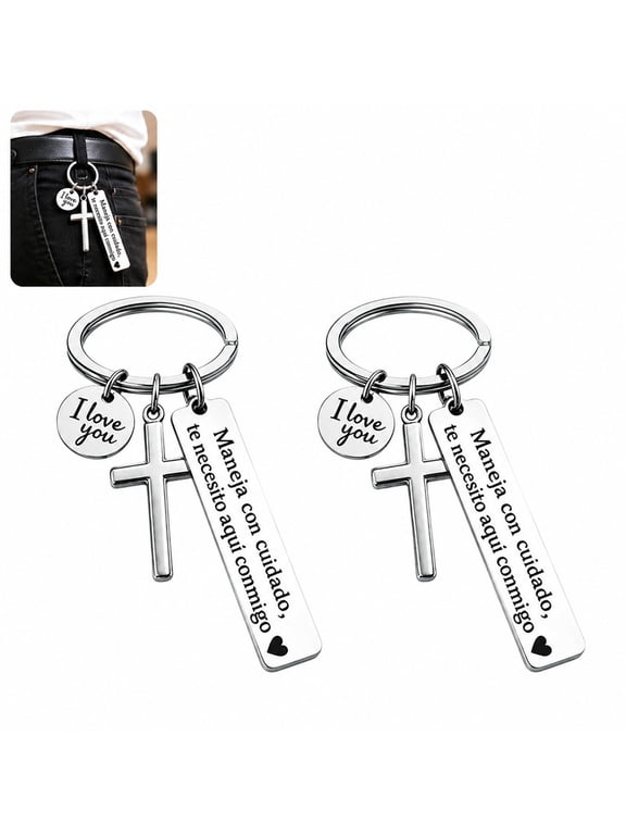 Maneja Con Cuidado Te Necesito Aquí Conmigo Keychain, Drive Safe Keychain with Cross and I Love You Charm, Gift for Men