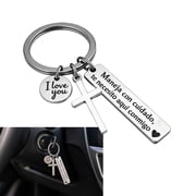 Maneja Con Cuidado Te Necesito Aqui Conmigo Llavero, Keychain with Cross and I Love You Charm