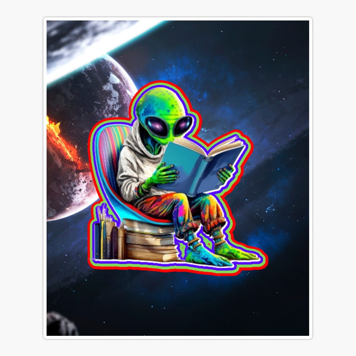 Maneki Alien Reading A Book Sticker, Phone Decal Water Bottle Stickers ...