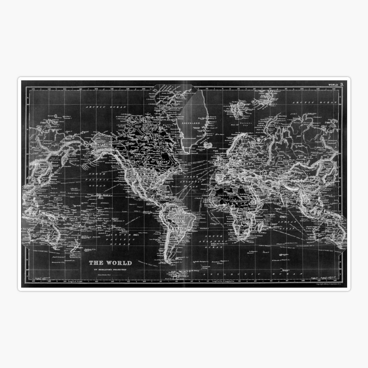 Maneki Black And White World Map (1892) Inverse Sticker, Phone Decal ...