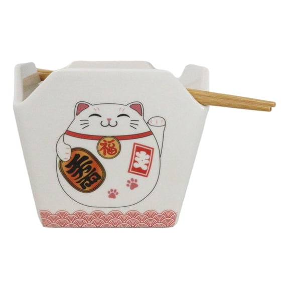 Maneki Neko Lucky Cat Asian Takeout To Go Box Serving Bowl With Chopsticks Set