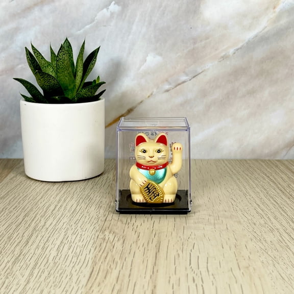 Maneki Neko Lucky Cat Display Figure, Solar Powered, Yellow with Clear Case, 2.5 inches height
