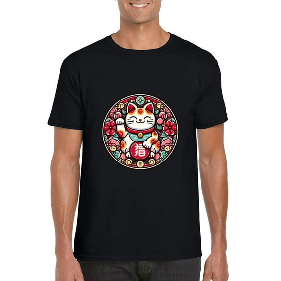 Maneki Neko Red Neko Japanese Lucky Cat Fortune Good T-Shirt, for men & women, up to size 5XL