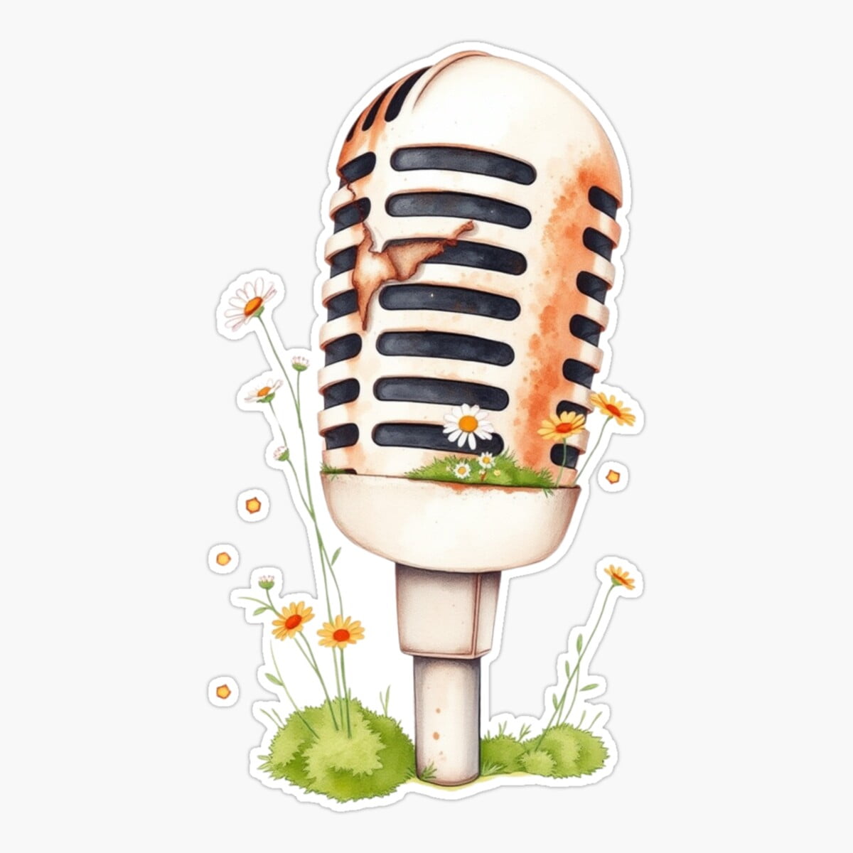 Maneki Rusty Microphone With Wildflowers Growing Sticker, Phone Decal ...