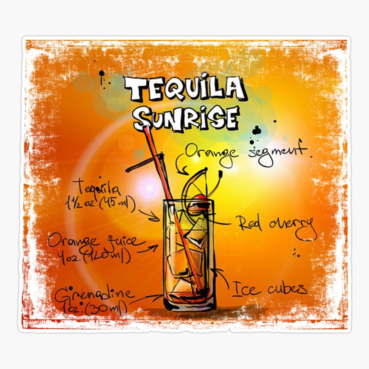 Sticker Motor Recipe Maneki Tequila Sunrise Cocktail Recipe Sticker, Phone Decal Water ...