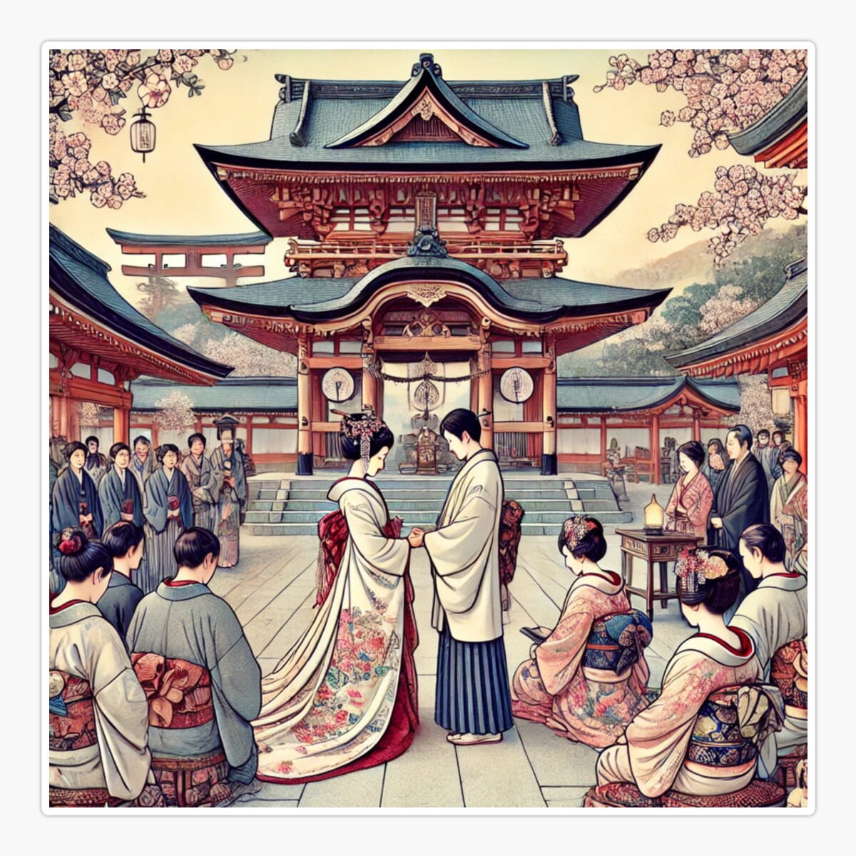 Maneki Traditional Japanese Shinto Wedding Ukiyo-E Sticker, Phone Decal ...