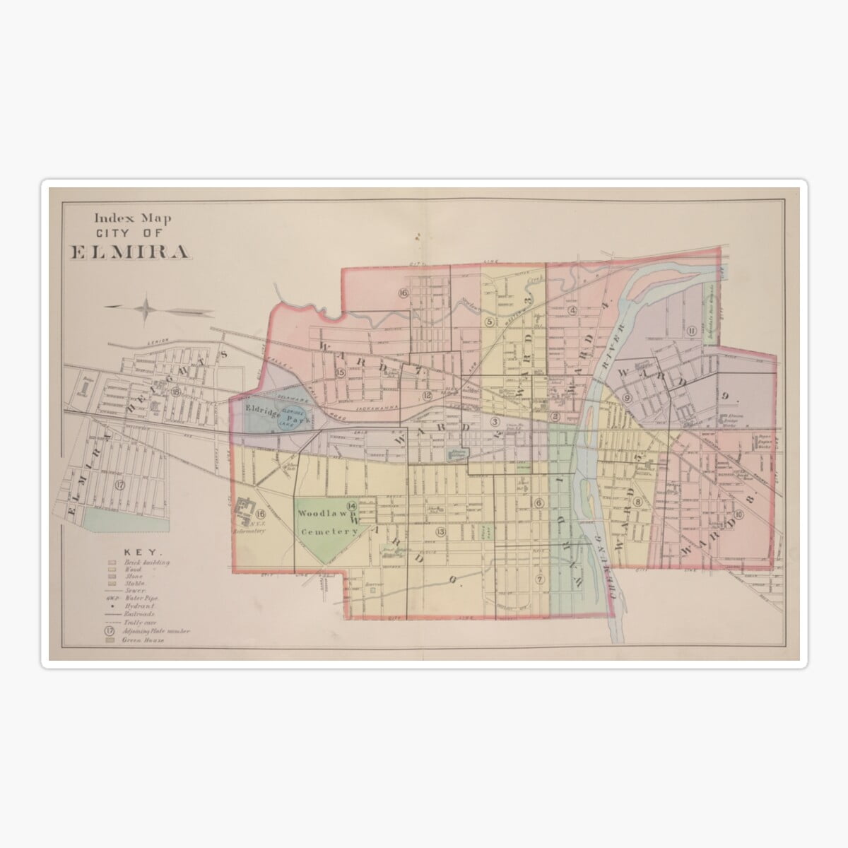 Maneki Vintage Map O Elmira New York (1896) Sticker, Phone Decal Water ...
