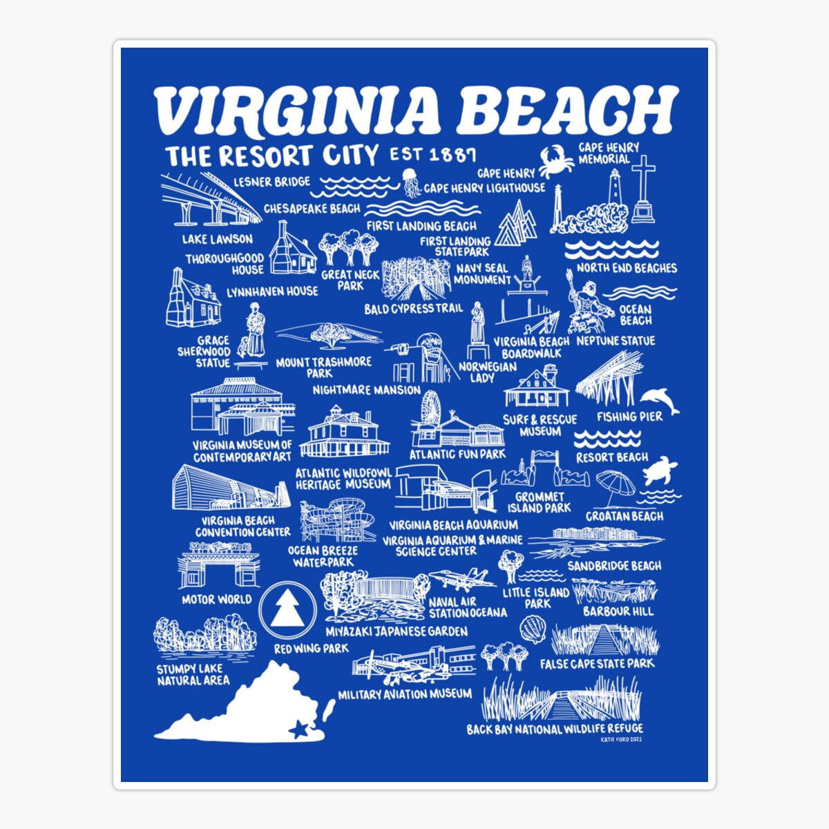 Maneki Virginia Beach Map Sticker, Phone Decal Water Bottle Stickers ...