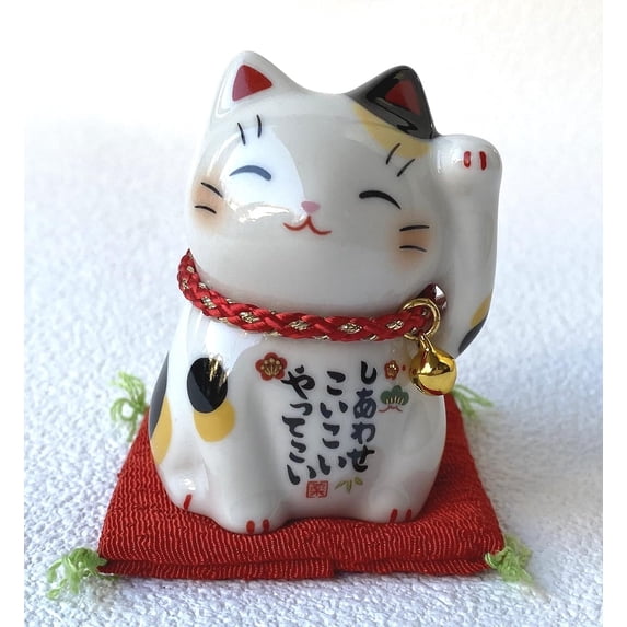Maneki neko Japanese Lucky cat Mino Ware Calico Mike, White Japan import