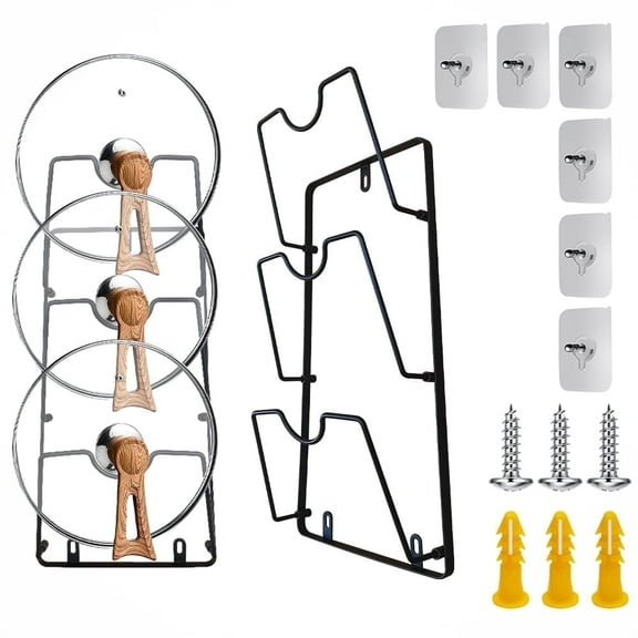 3-Tier Pot Lid Storage Rack, Pots and Pans Storage Rack, No Drilling Adhesive Wall, for Kitchen Organization and Storage, Black
