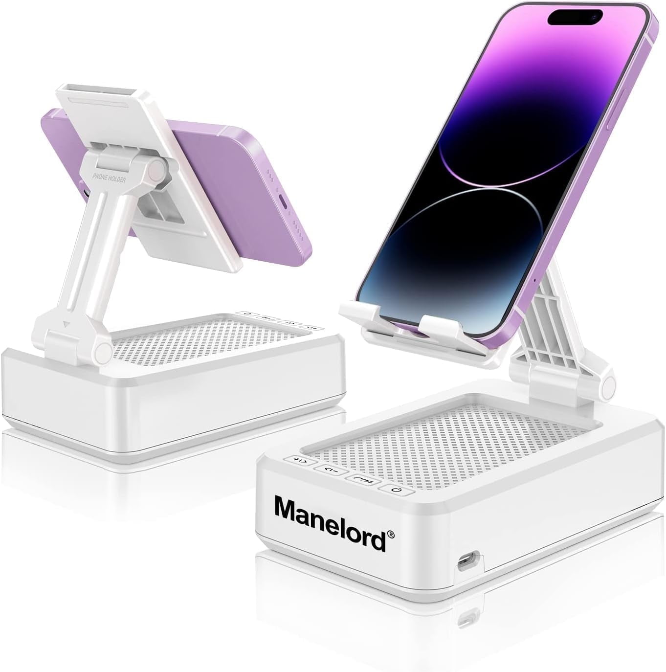 Manelord Portable Phone Stand with Speaker Bluetooth Wireless,Gifts for Men Women,Birthday for Women Men,Kitchen Gadgets for Men,Phone Holder for Desk - White